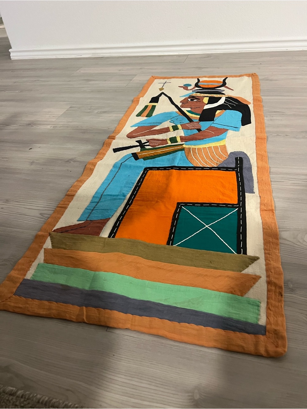 Egyptian Motif Tapestry Runner in Orange, Turquoise, Cream